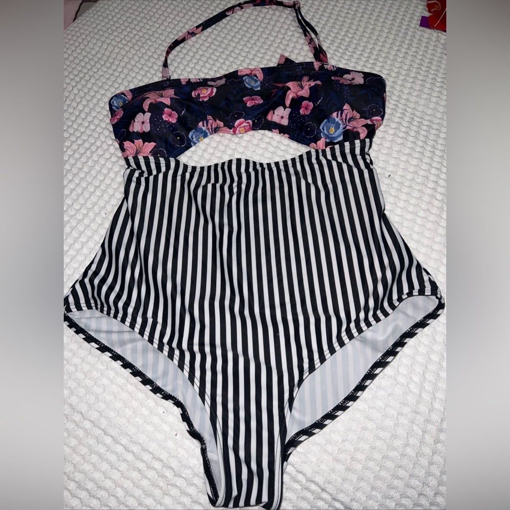 Floral and Striped One Piece Swimsuit XL